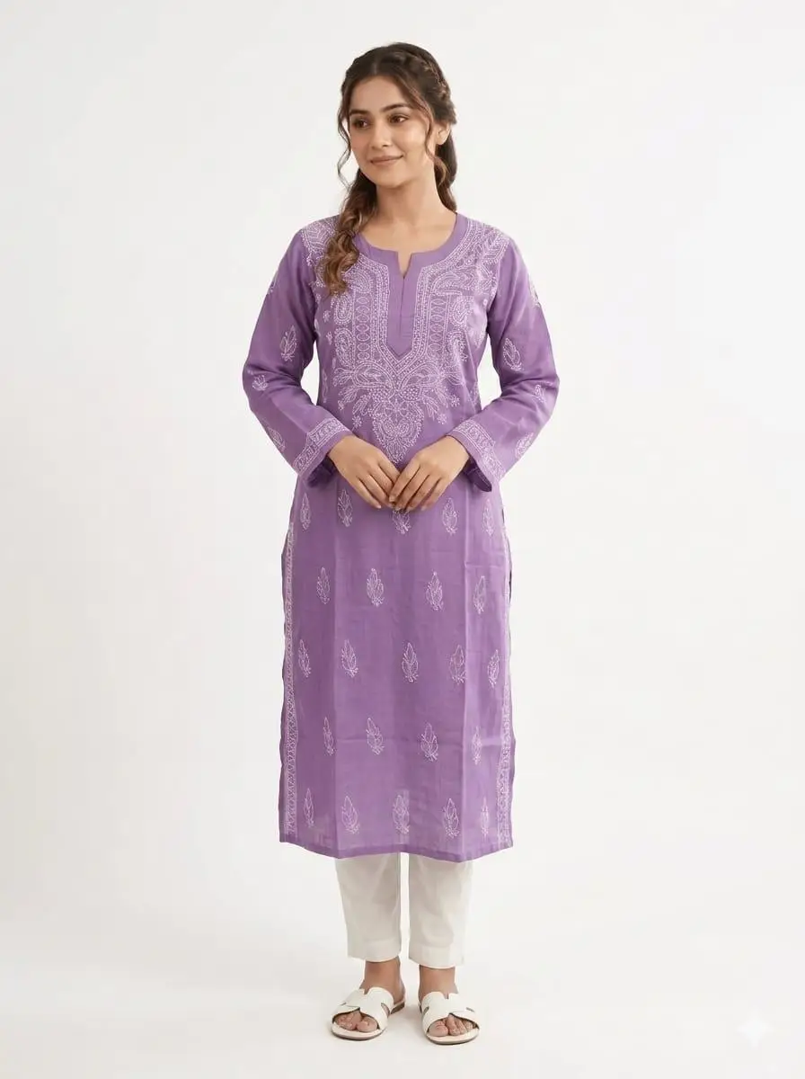 LCF CHIKAN EMBROIDERY LONG KURTI - PURPLE