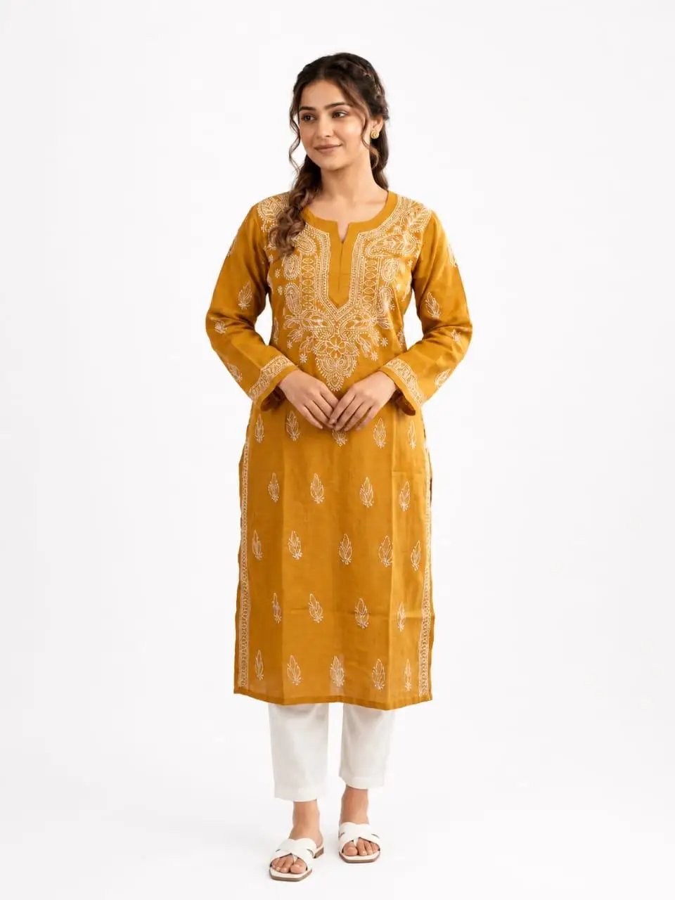 LCF CHIKAN EMBROIDERY LONG KURTI - MUSTARD YELLOW