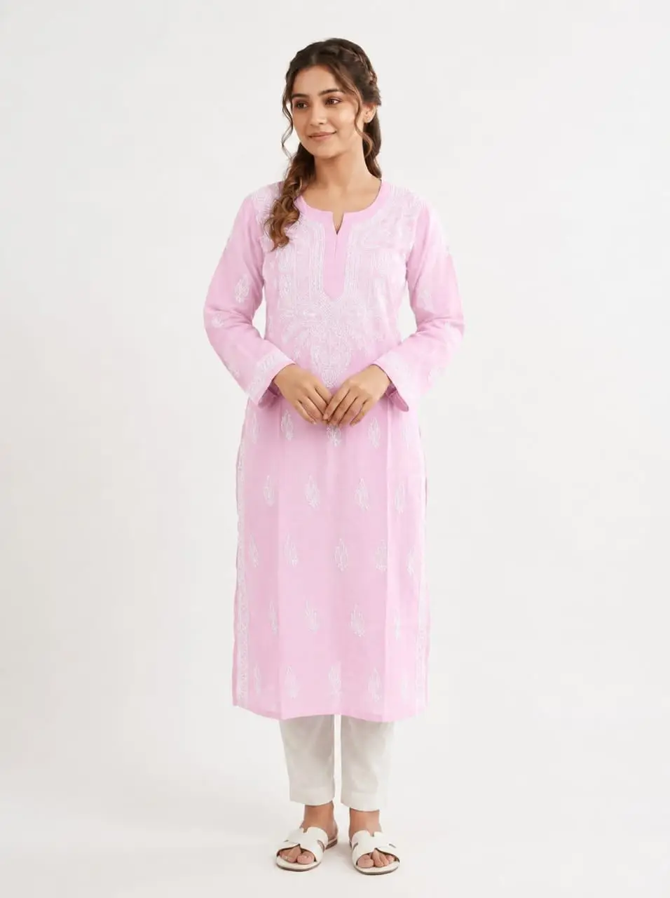 LCF CHIKAN EMBROIDERY LONG KURTI - BABY PINK