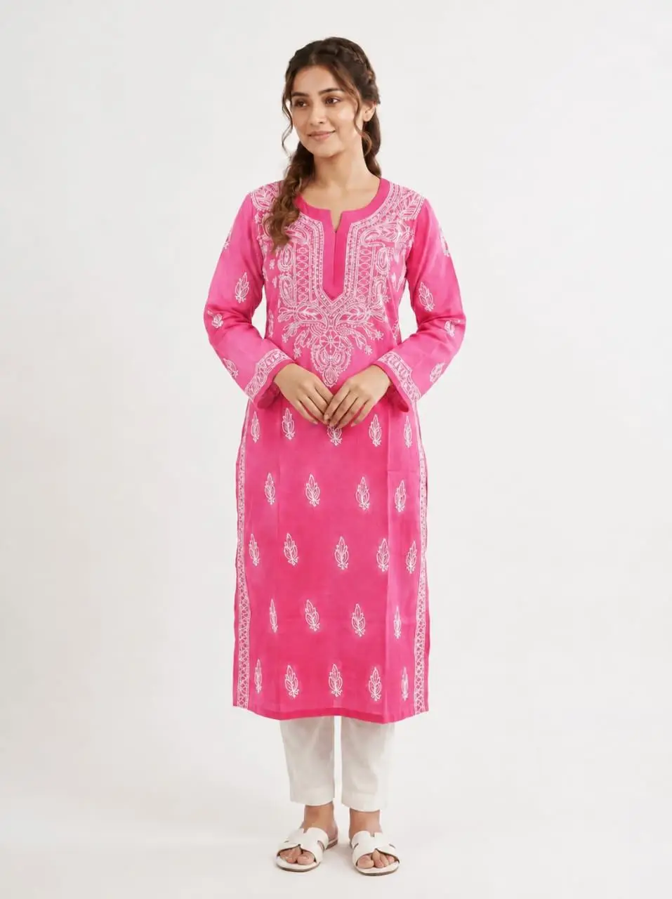 LCF CHIKAN EMBROIDERY LONG KURTI - RANI PINK
