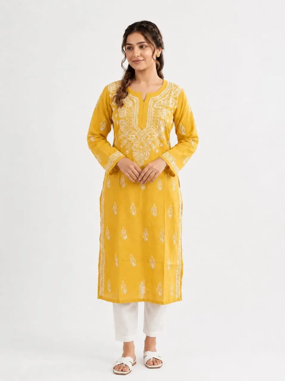 LCF CHIKAN EMBROIDERY LONG KURTI - YELLOW