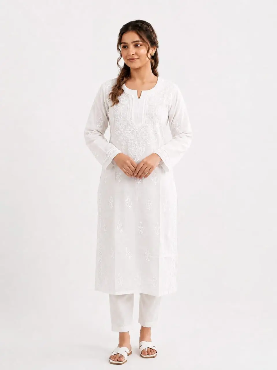 LCF CHIKAN EMBROIDERY LONG KURTI - WHITE