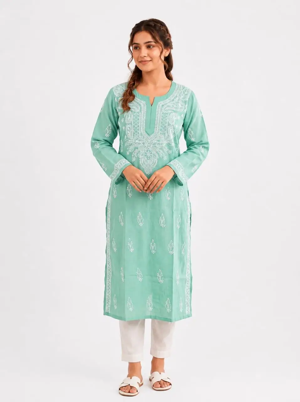 LCF CHIKAN EMBROIDERY LONG KURTI - SEA GREEN