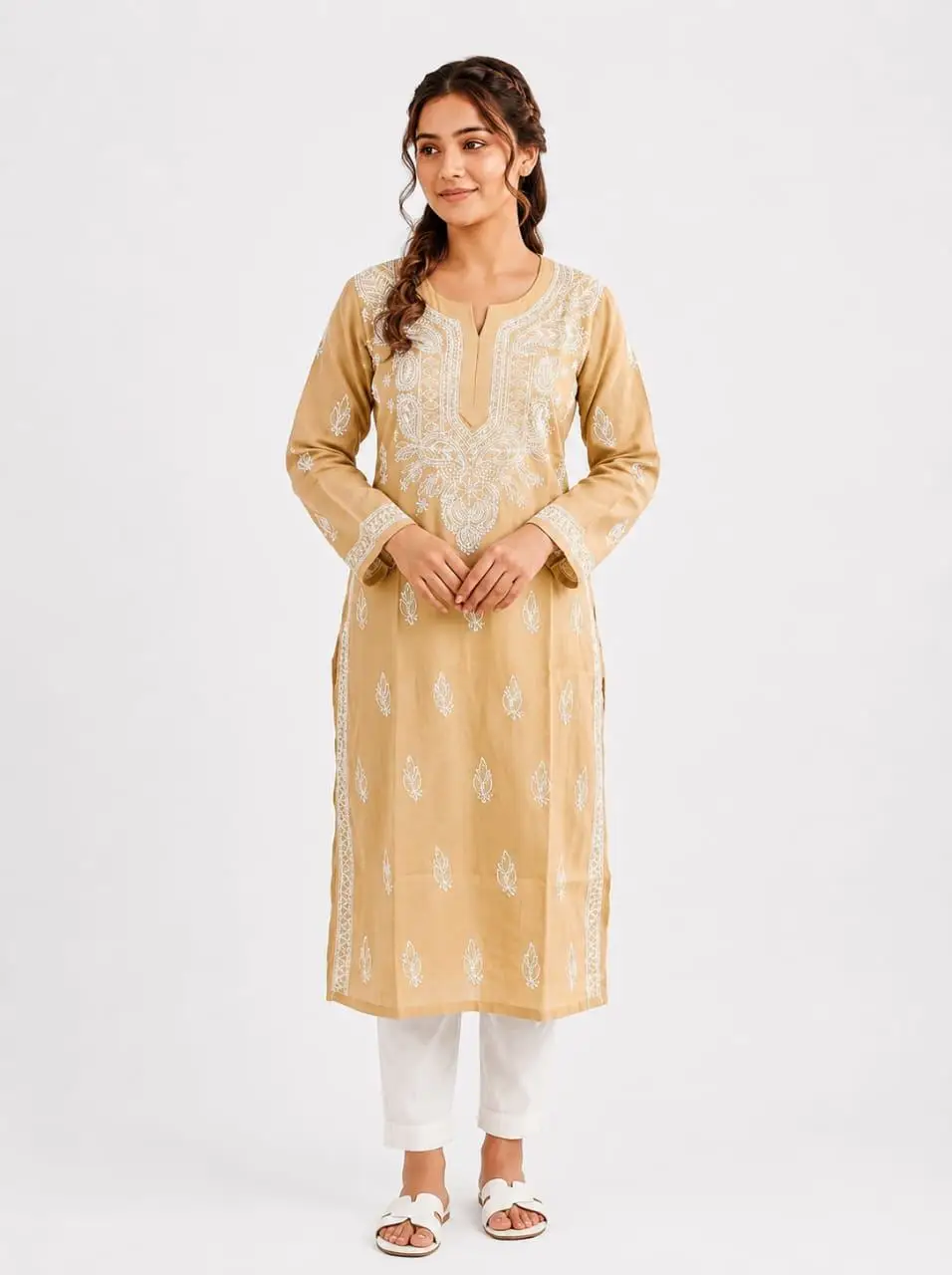 LCF CHIKAN EMBROIDERY LONG KURTI - LIGHT CREAM