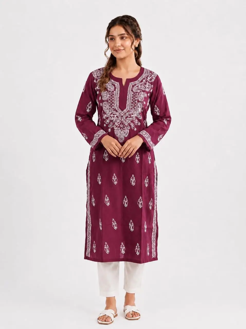 LCF CHIKAN EMBROIDERY LONG KURTI - MAROON