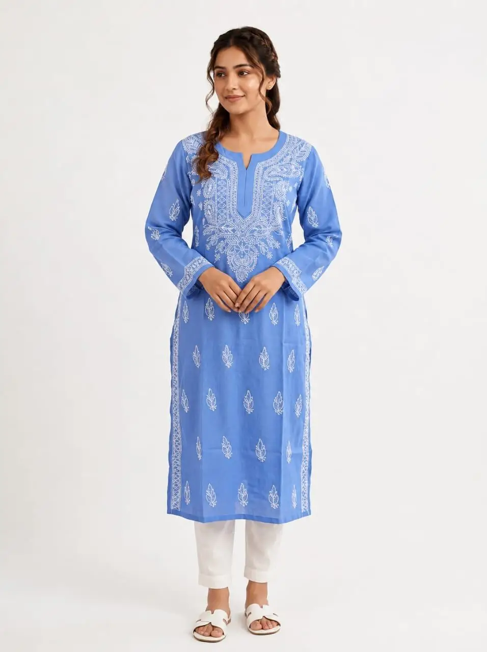 LCF CHIKAN EMBROIDERY LONG KURTI - LIGHT BLUE