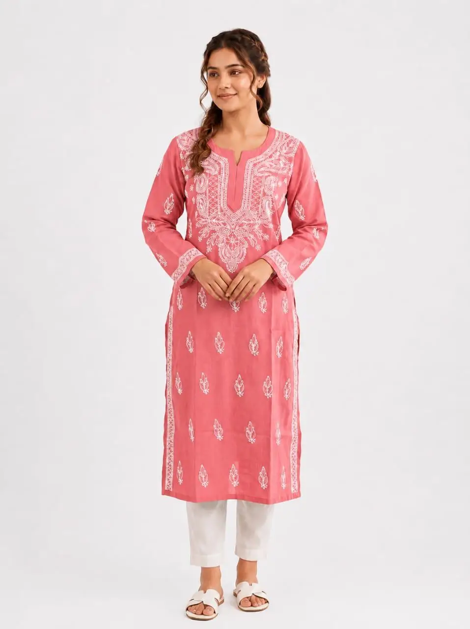 LCF CHIKAN EMBROIDERY LONG KURTI - CARROT