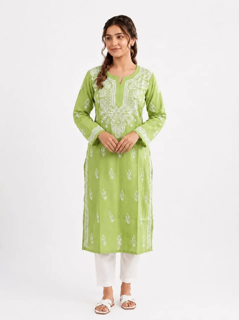 LCF CHIKAN EMBROIDERY LONG KURTI - PARROT GREEN