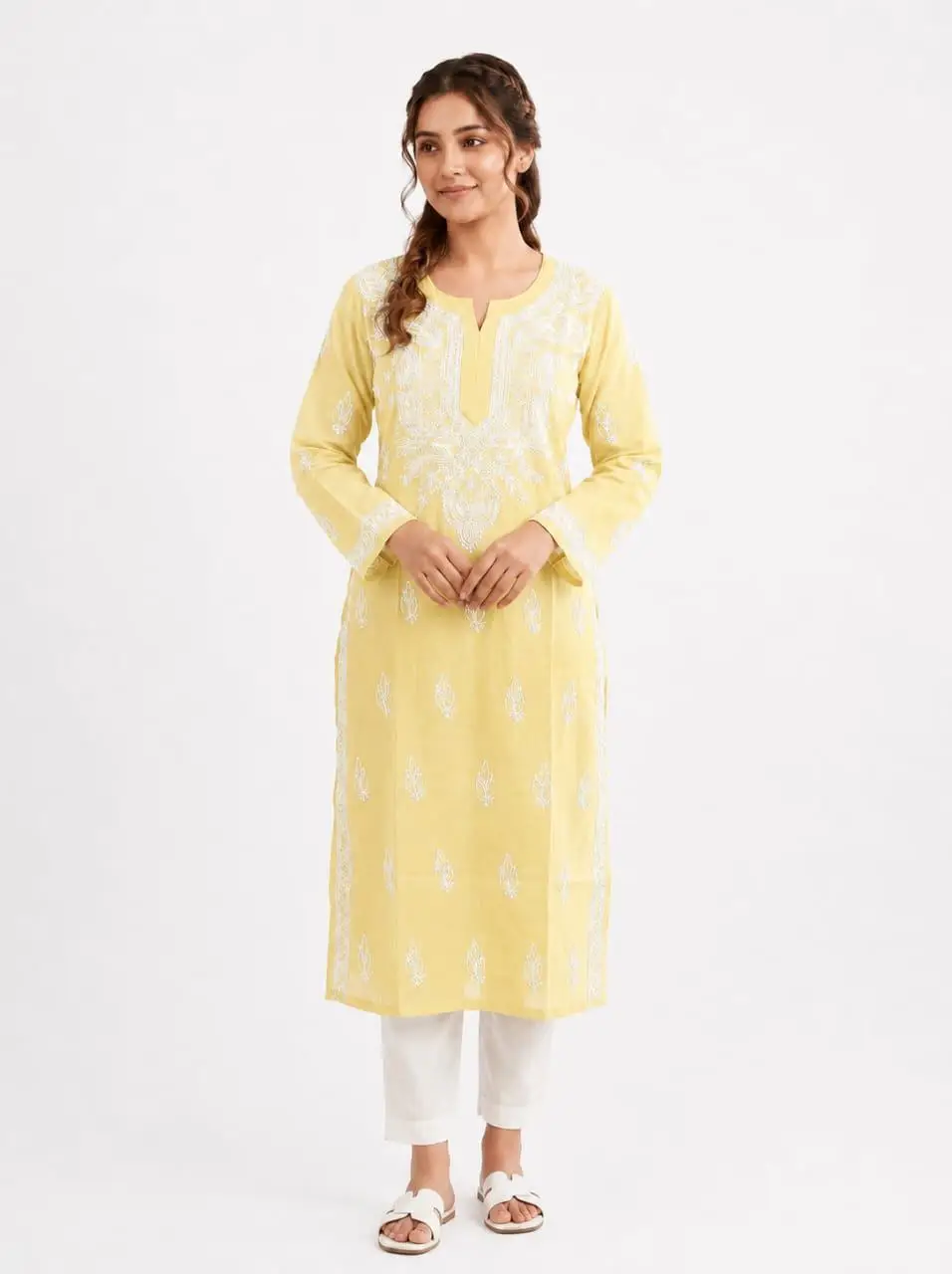 LCF CHIKAN EMBROIDERY LONG KURTI - LEMON YELLOW