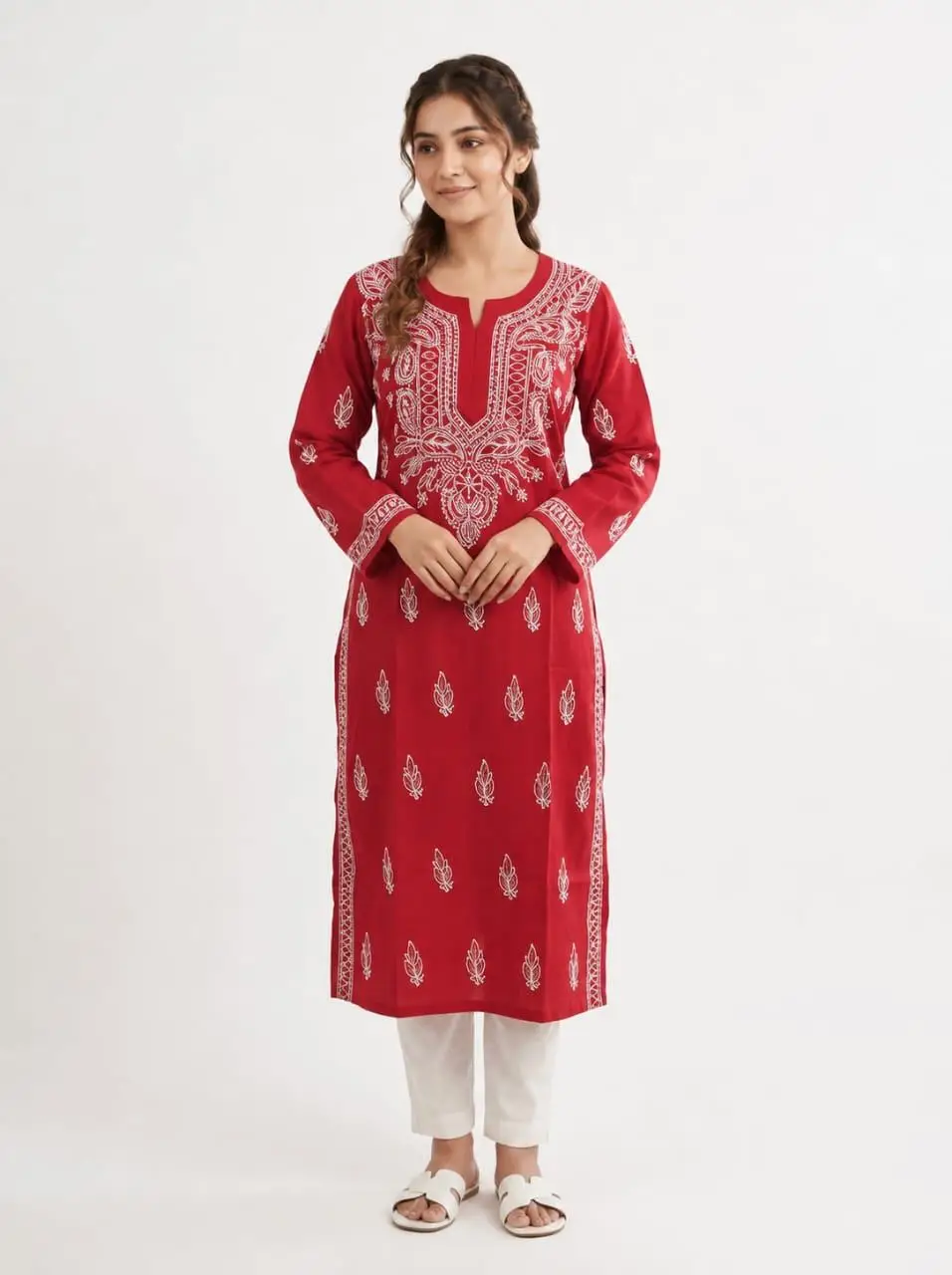 LCF CHIKAN EMBROIDERY LONG KURTI - RED