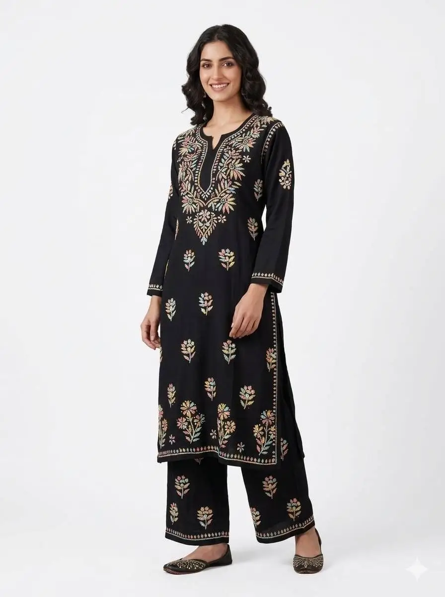 LCF CHIKAN EMBROIDERY MULTI THREAD PLAZO SET - BLACK