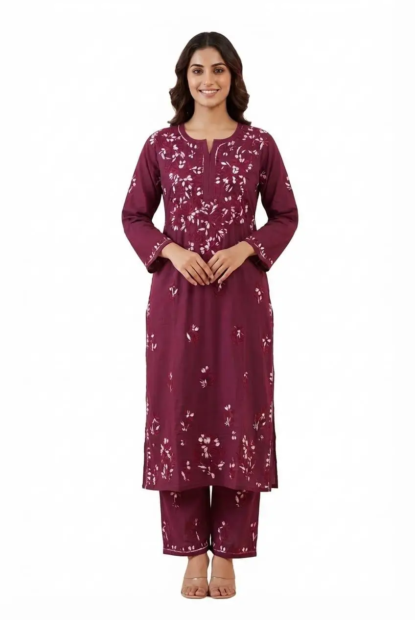 LCF CHIKAN EMBROIDERY MULTI THREAD PLAZO SET - WINE