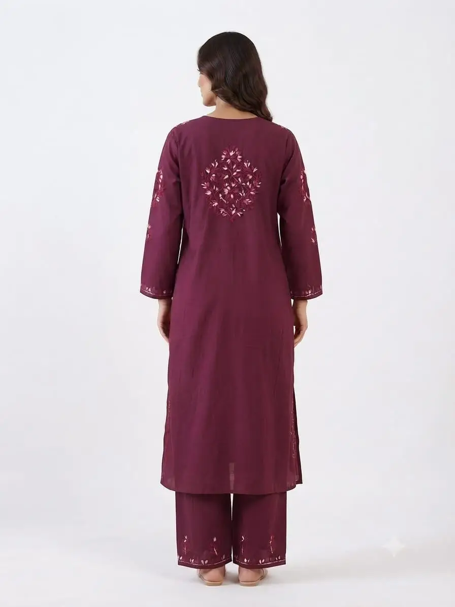 LCF CHIKAN EMBROIDERY MULTI THREAD PLAZO SET - WINE view 2