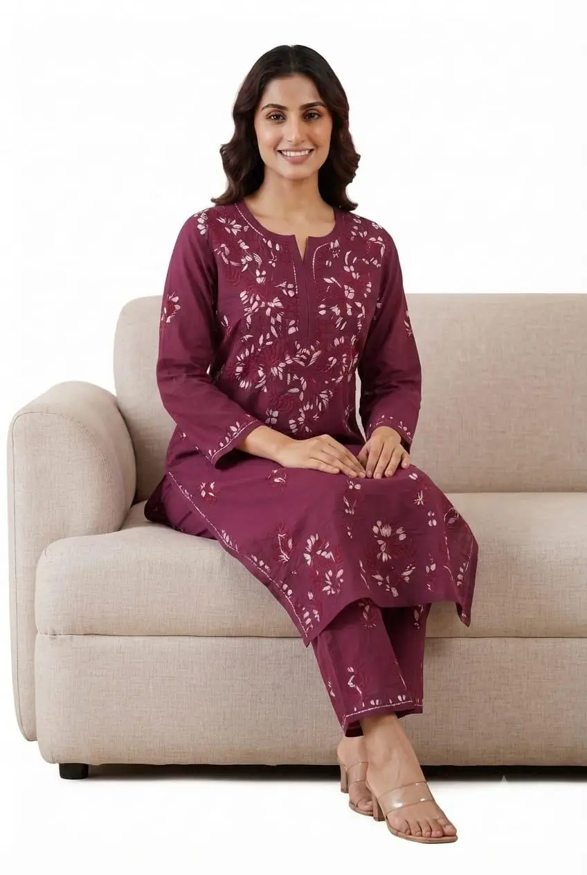 LCF CHIKAN EMBROIDERY MULTI THREAD PLAZO SET - WINE view 3