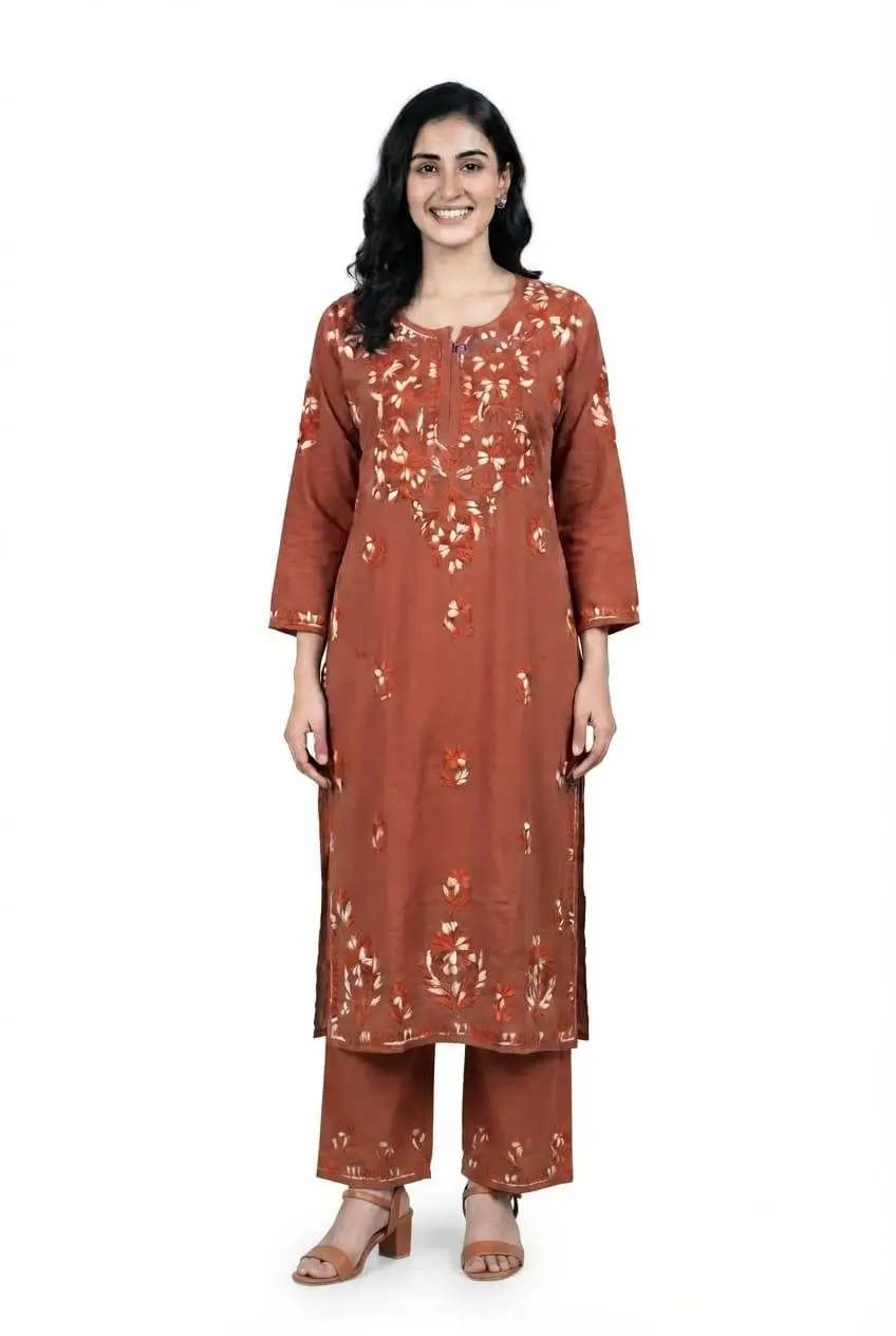 LCF CHIKAN EMBROIDERY MULTI THREAD PLAZO SET - BROWN