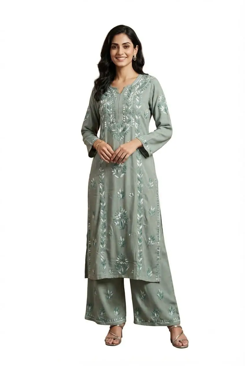 LCF CHIKAN EMBROIDERY MULTI THREAD PLAZO SET - GREEN
