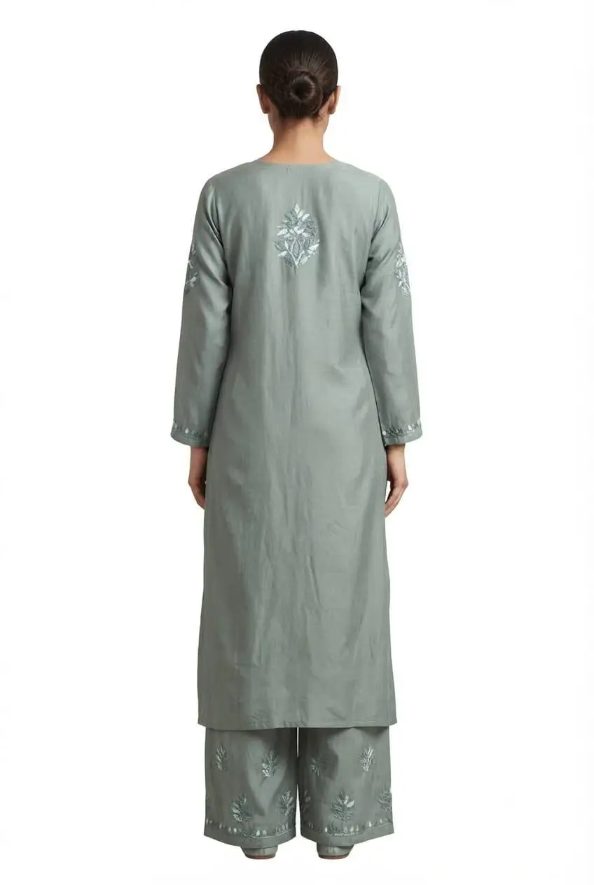 LCF CHIKAN EMBROIDERY MULTI THREAD PLAZO SET - GREEN view 2