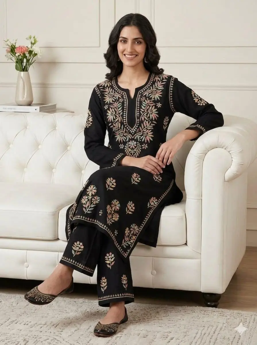 LCF CHIKAN EMBROIDERY MULTI THREAD PLAZO SET - BLACK view 2
