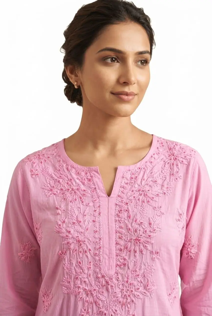 LCF CHIKAN  EMBROIDERY MUSLIN  LONG KURTI - PINK view 2