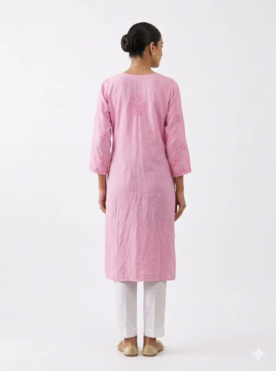 LCF CHIKAN  EMBROIDERY MUSLIN  LONG KURTI - PINK view 3