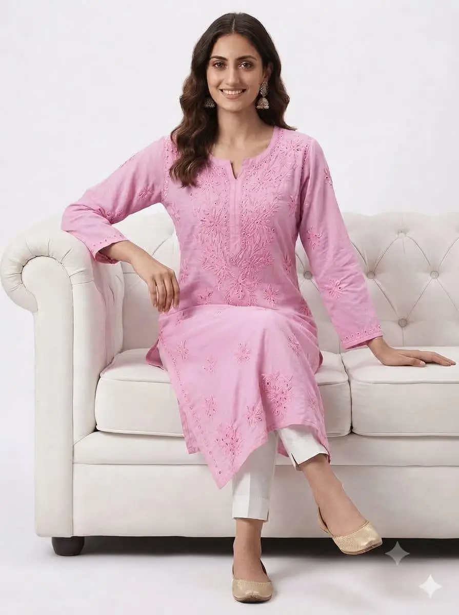 LCF CHIKAN  EMBROIDERY MUSLIN  LONG KURTI - PINK view 4