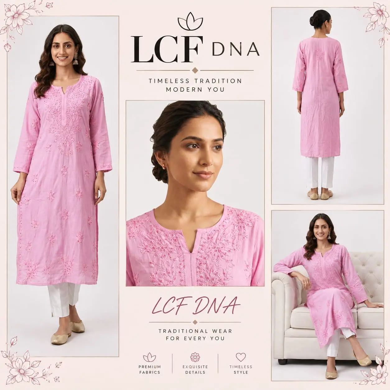 LCF CHIKAN  EMBROIDERY MUSLIN  LONG KURTI - PINK view 5