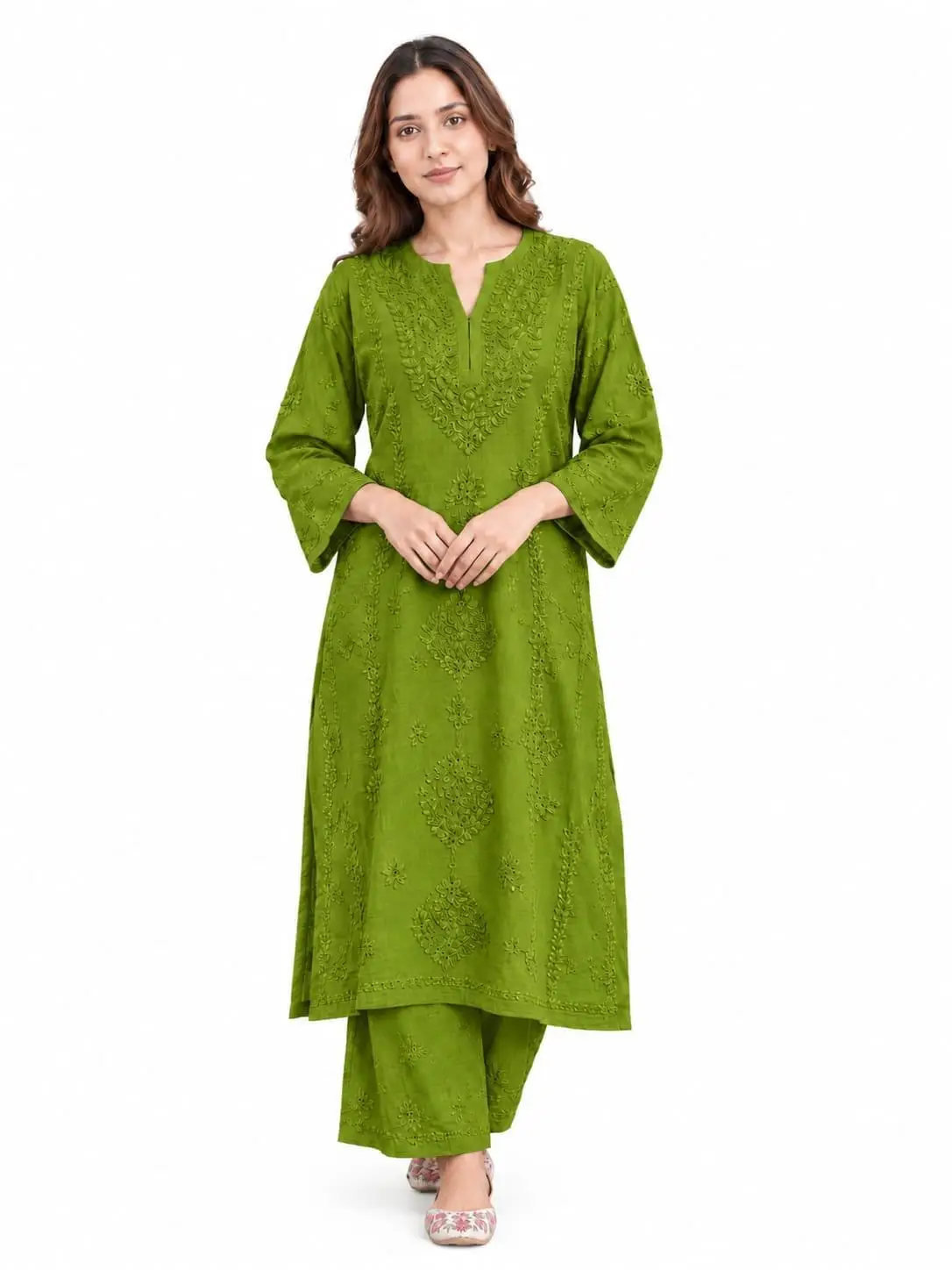 LCF CHIKAN EMBROIDERY MUSLIN PLAZO SET - GREEN