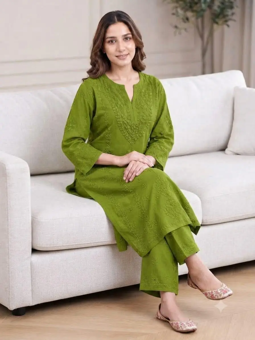 LCF CHIKAN EMBROIDERY MUSLIN PLAZO SET - GREEN view 2