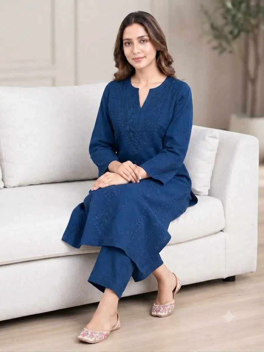 LCF CHIKAN EMBROIDERY MUSLIN PLAZO SET - NAVY BLUE view 2