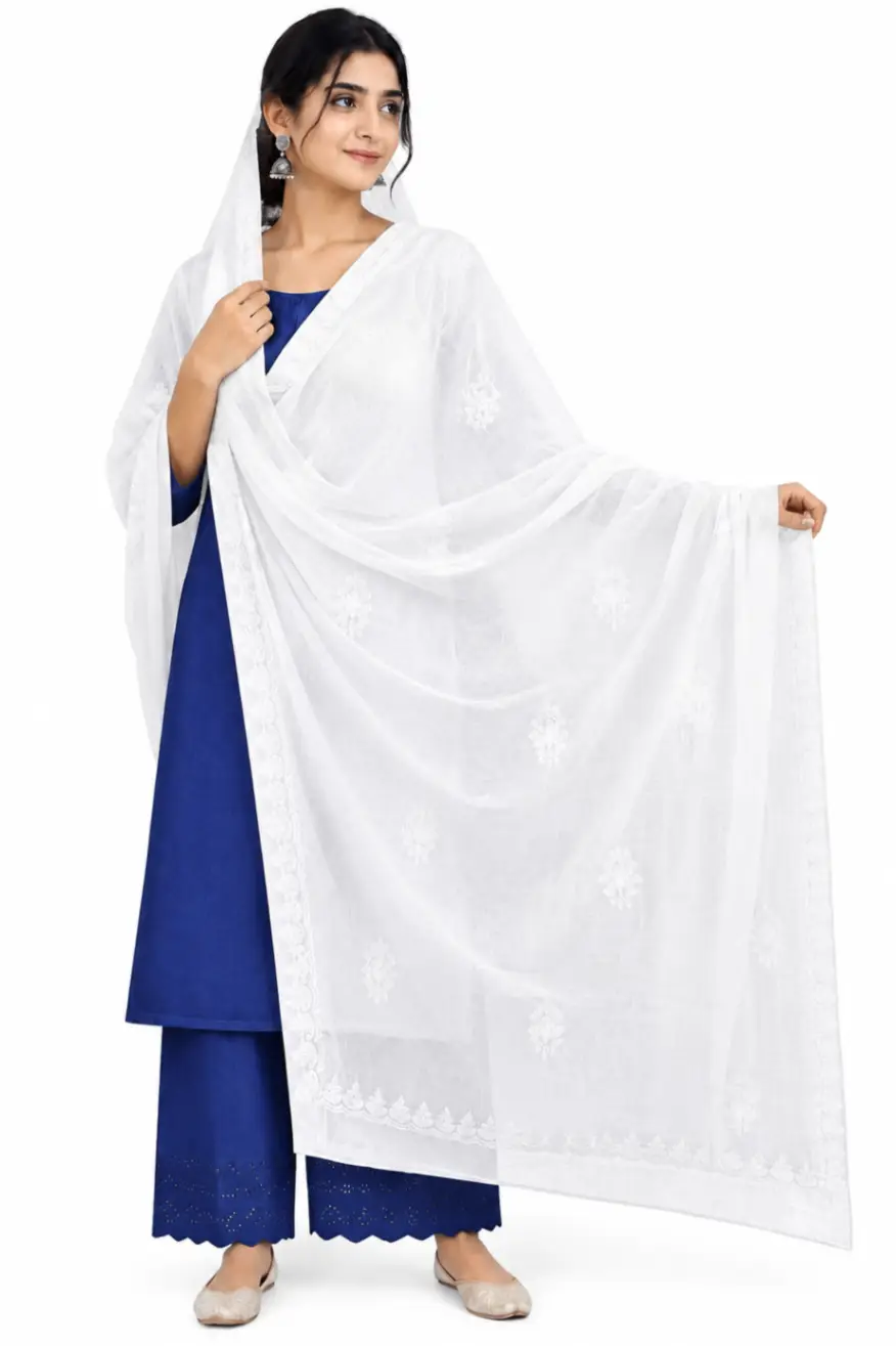 LCF CHIKAN Embroidered MAL COTTON DUPATTA - WHITE
