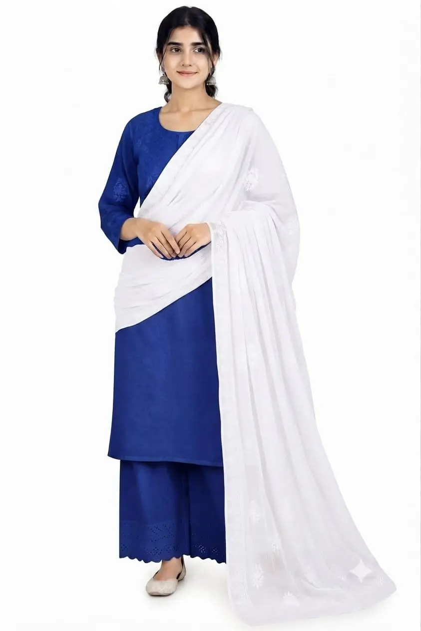 LCF CHIKAN Embroidered MAL COTTON DUPATTA - WHITE view 2
