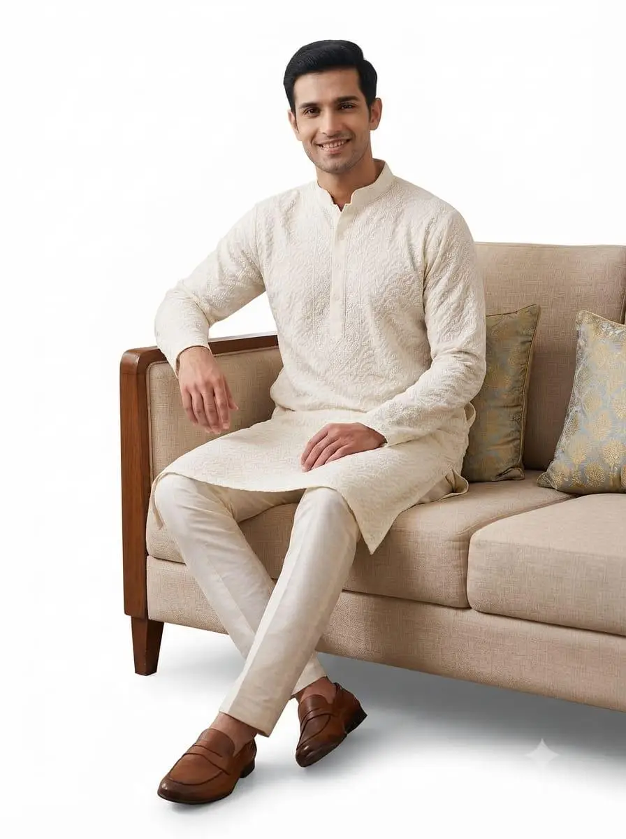 LCF CHIKAN EMBROIDERY MENS KURTA - WHITE view 3
