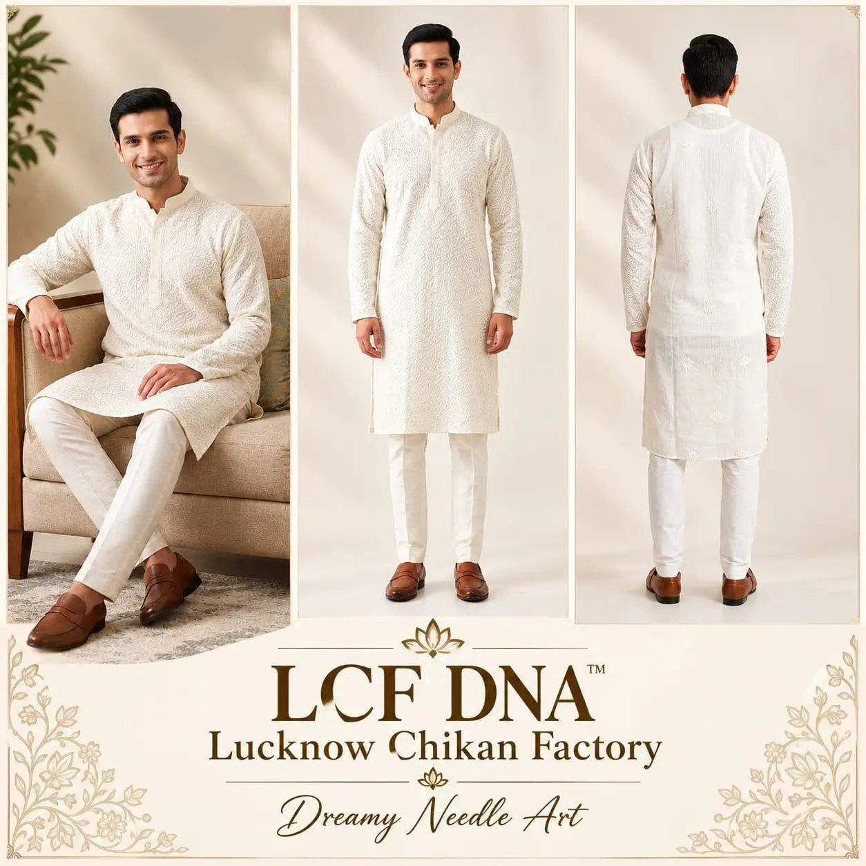 LCF CHIKAN EMBROIDERY MENS KURTA - WHITE view 4
