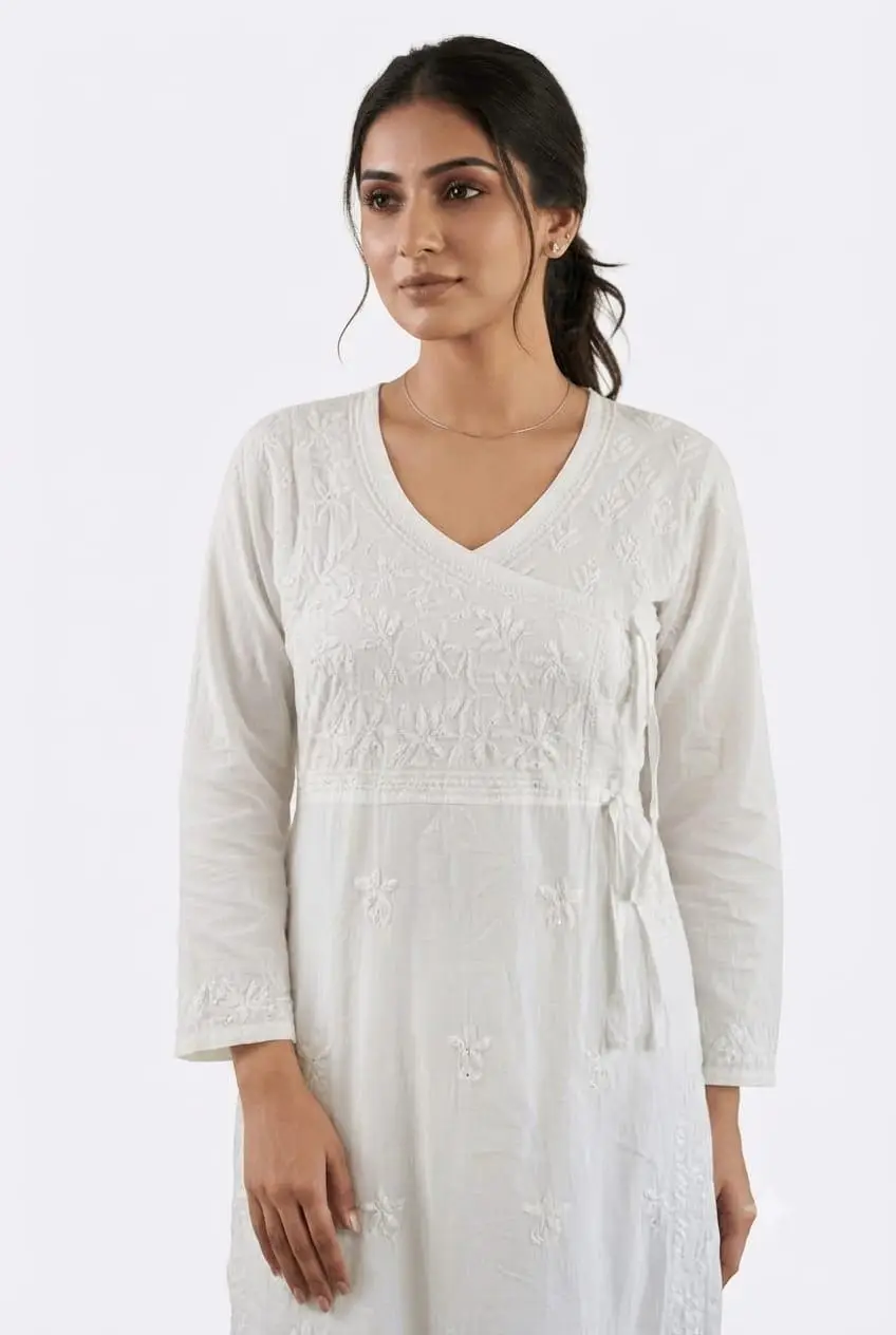 LCF CHIKAN EMBROIDERY ANGRAKHA STYLE LONG KURTI - WHITE view 2