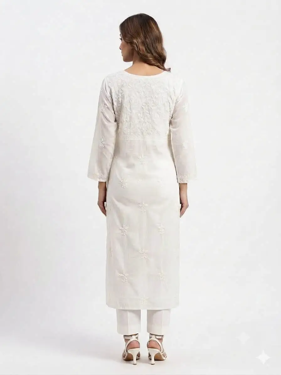 LCF CHIKAN EMBROIDERY ANGRAKHA STYLE LONG KURTI - WHITE view 3