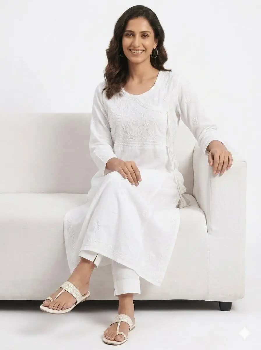 LCF CHIKAN EMBROIDERY ANGRAKHA STYLE LONG KURTI - WHITE view 4