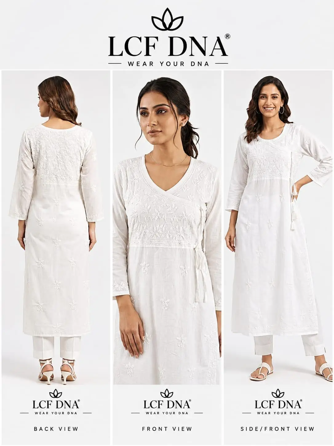 LCF CHIKAN EMBROIDERY ANGRAKHA STYLE LONG KURTI - WHITE view 5