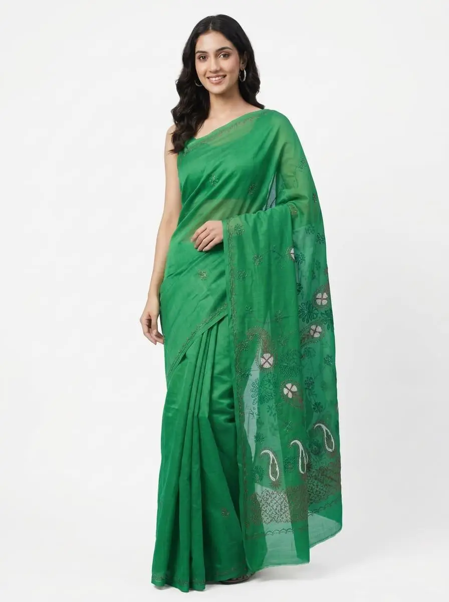 LCF CHIKAN Embroidered MAL COTTON SAREE -GREEN