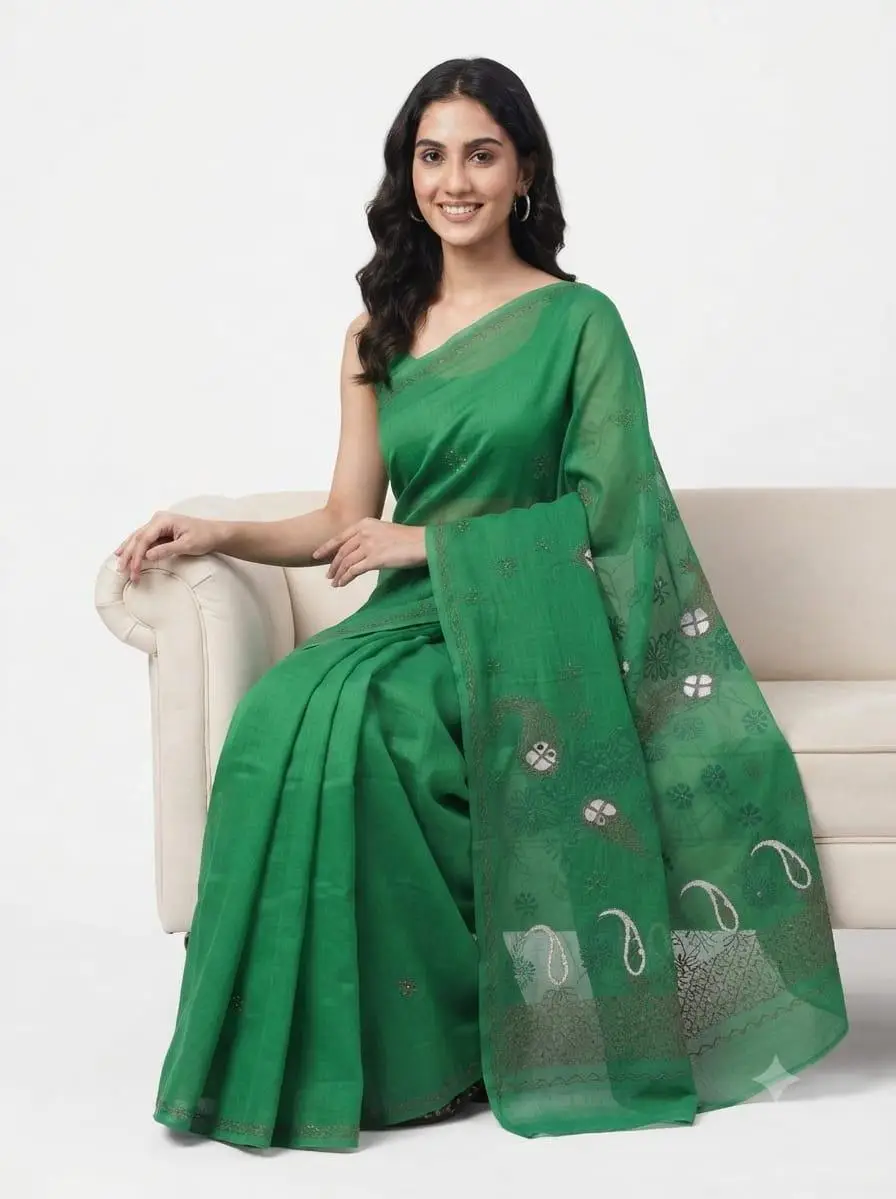 LCF CHIKAN Embroidered MAL COTTON SAREE -GREEN view 2