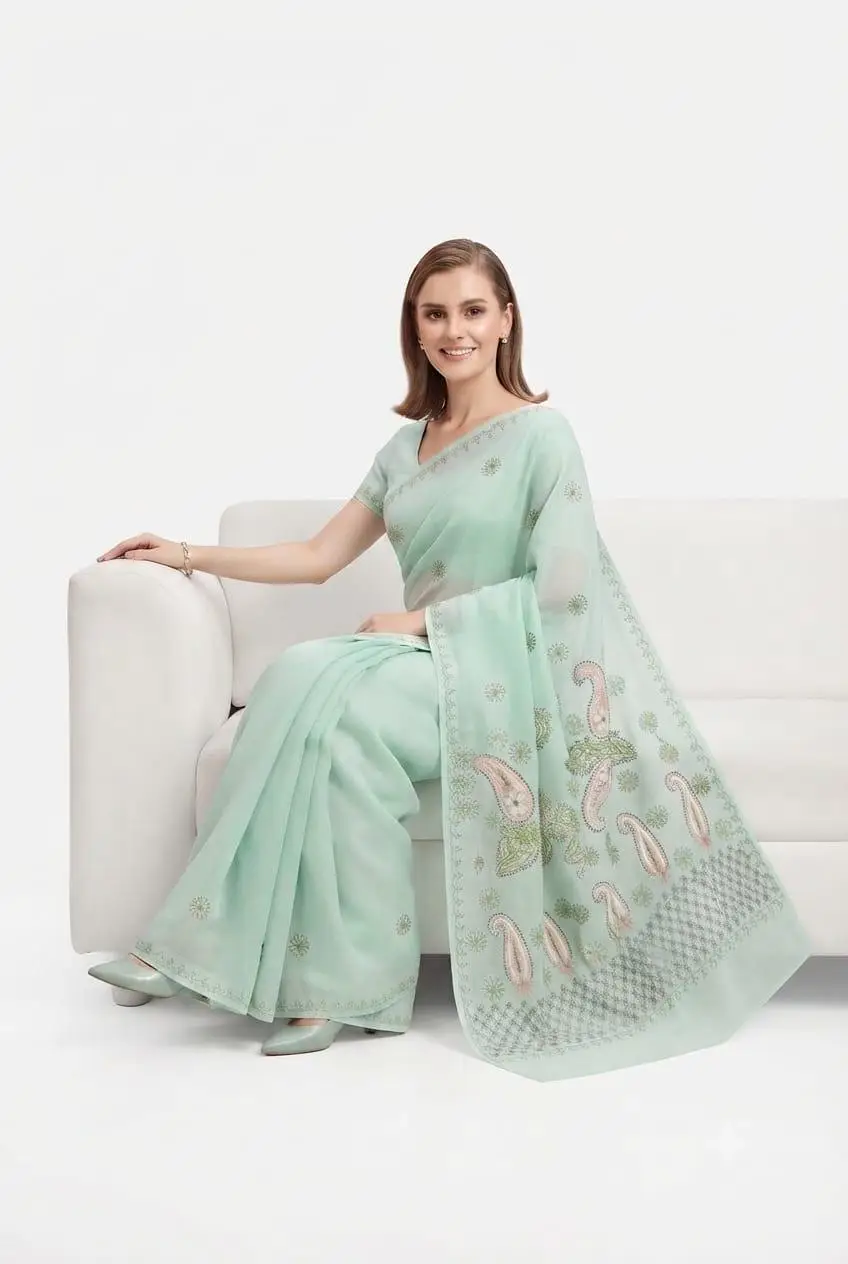 LCF CHIKAN Embroidered MAL COTTON SAREE -PISTA GREEN view 2