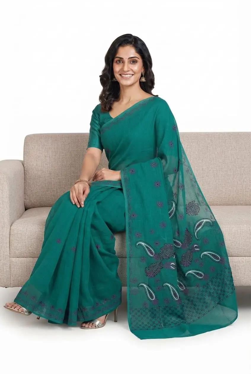 LCF CHIKAN Embroidered MAL COTTON SAREE -RAMA GREEN view 2