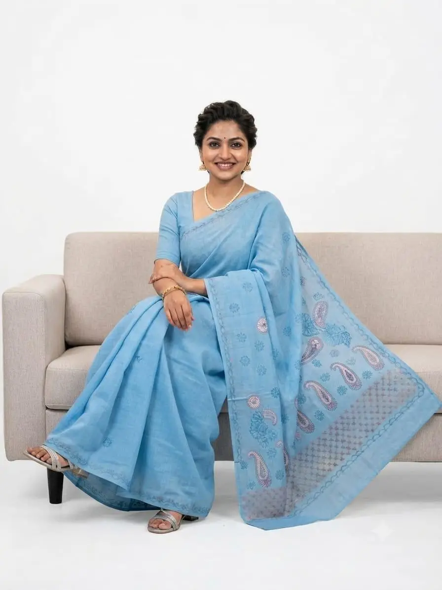LCF CHIKAN Embroidered MAL COTTON SAREE -SKY BLUE view 2