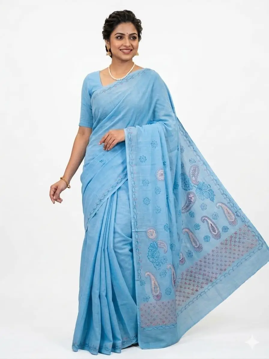LCF CHIKAN Embroidered MAL COTTON SAREE -SKY BLUE