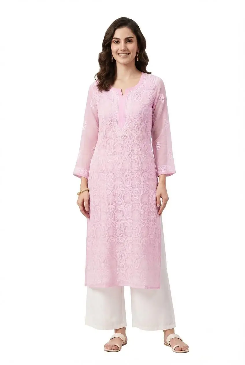 LCF CHIKAN EMBROIDERY CHIFFON LONG KURTI - BABY PINK