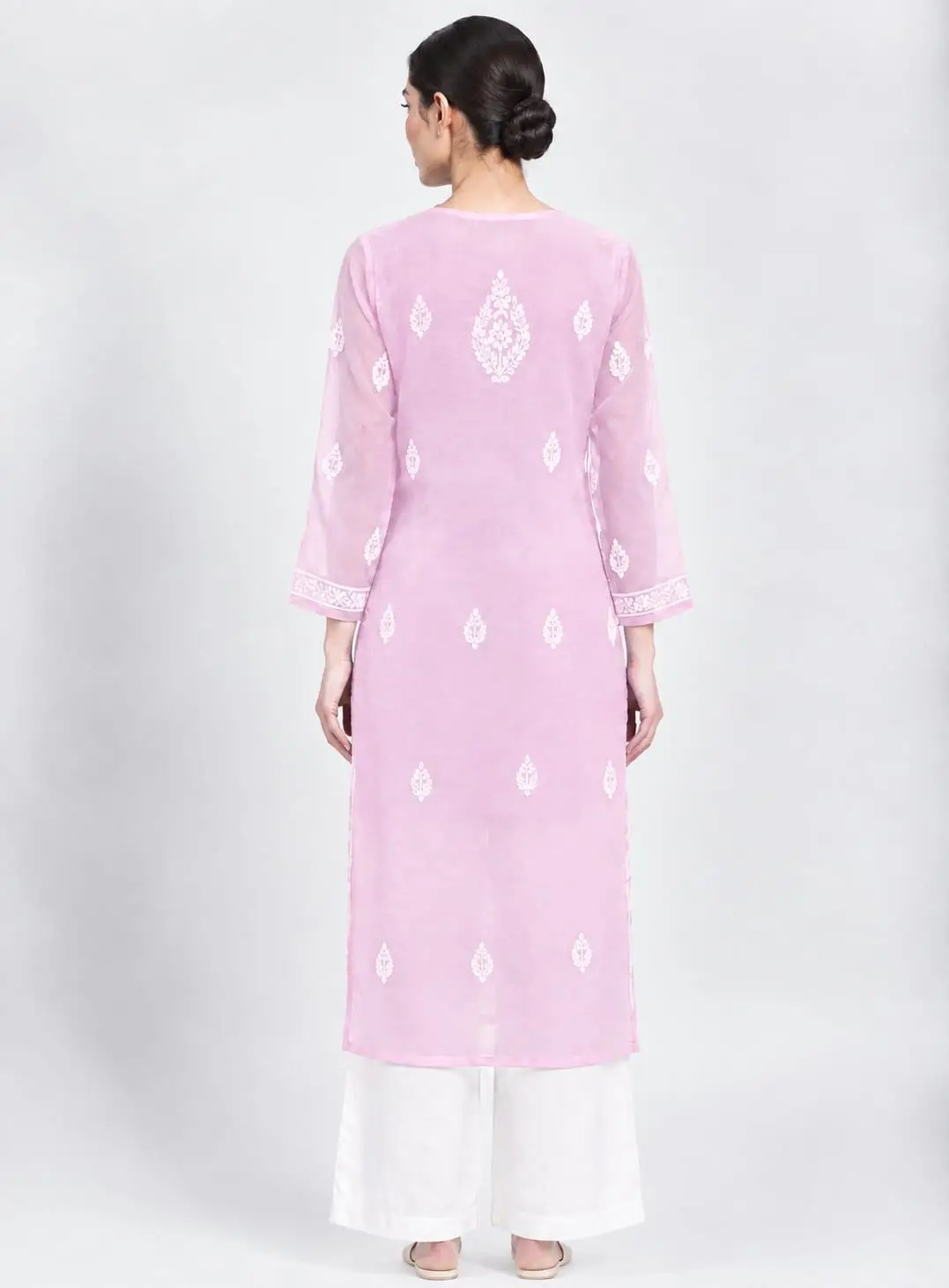 LCF CHIKAN EMBROIDERY CHIFFON LONG KURTI - BABY PINK view 2