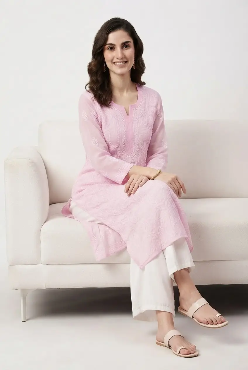 LCF CHIKAN EMBROIDERY CHIFFON LONG KURTI - BABY PINK view 3