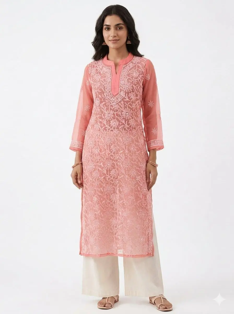 LCF CHIKAN EMBROIDERY CHIFFON LONG KURTI - PEACH