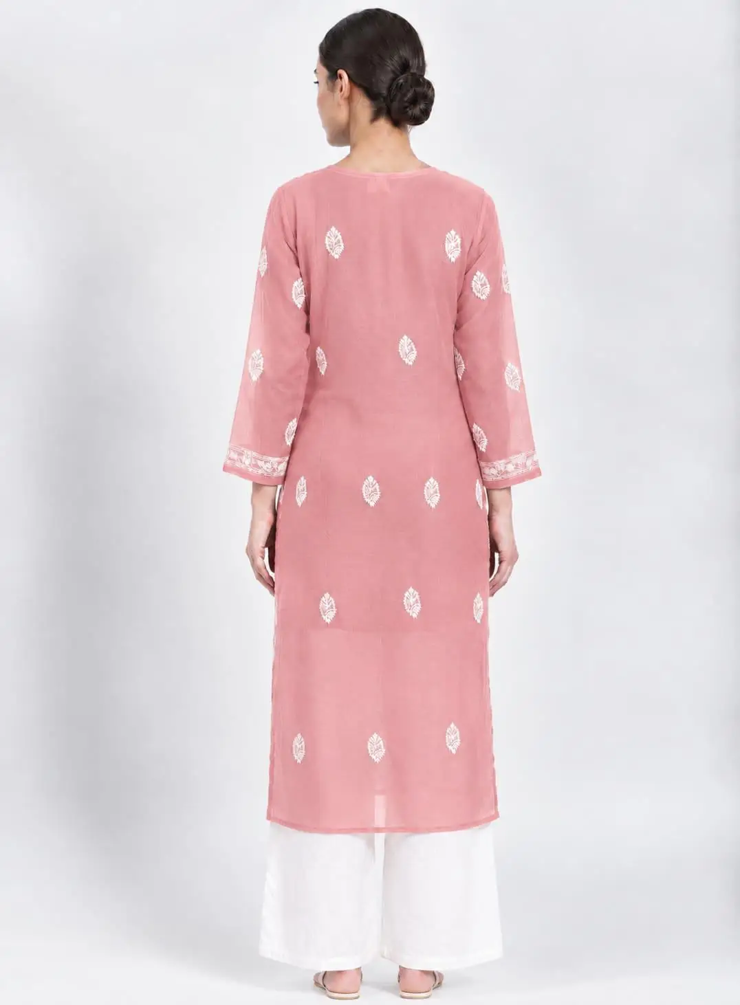 LCF CHIKAN EMBROIDERY CHIFFON LONG KURTI - PEACH view 2