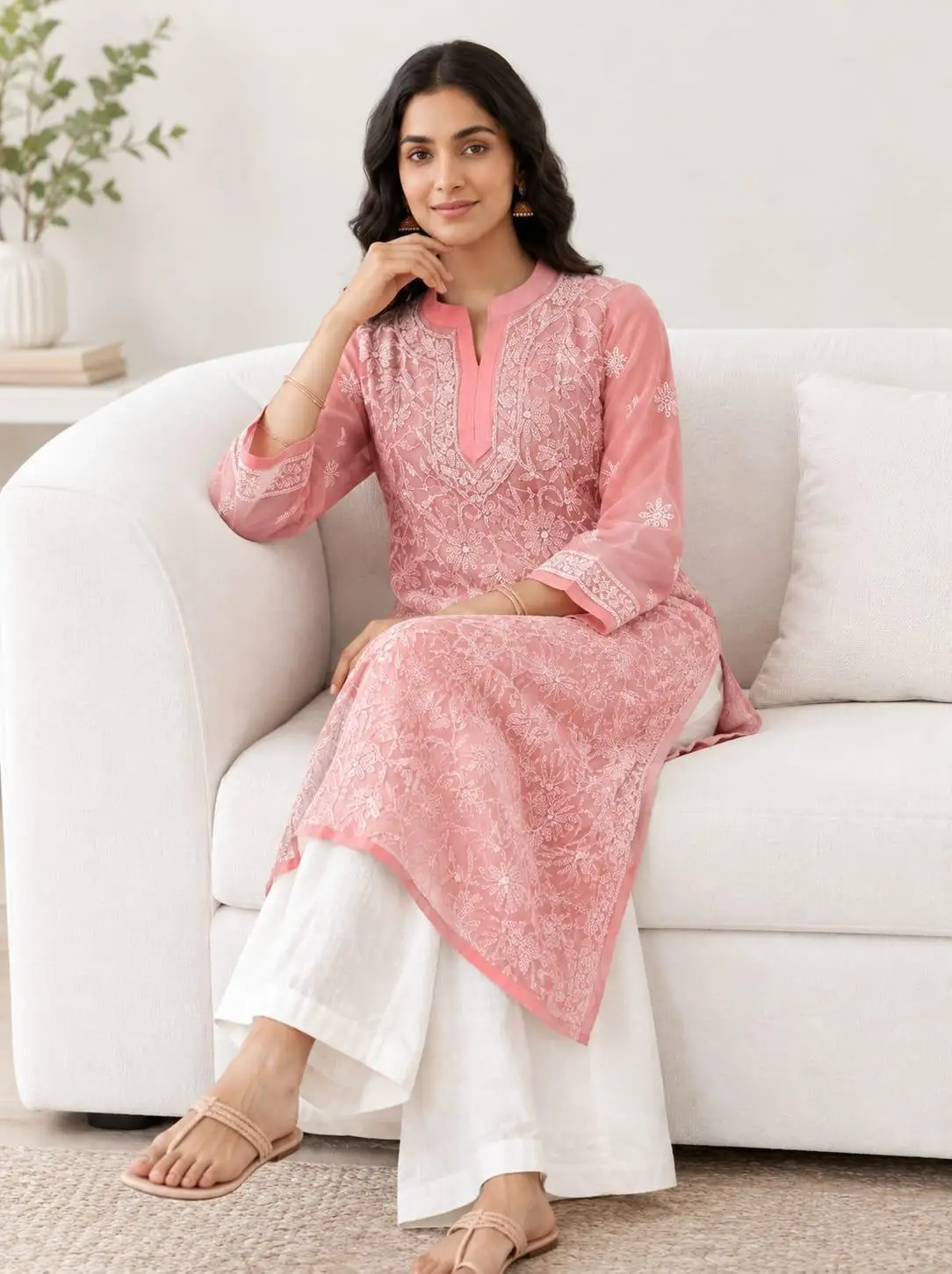 LCF CHIKAN EMBROIDERY CHIFFON LONG KURTI - PEACH view 3