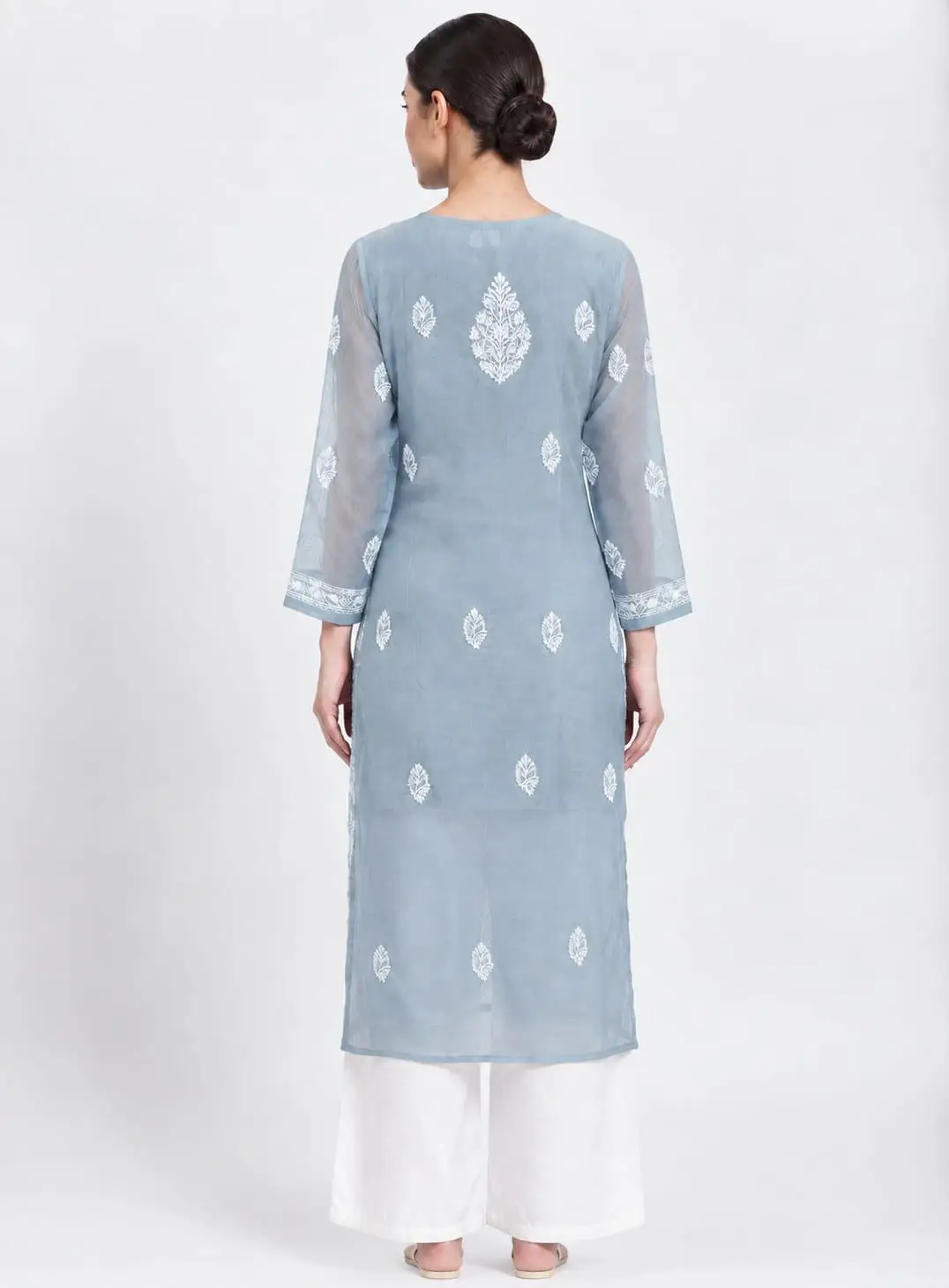 LCF CHIKAN EMBROIDERY CHIFFON LONG KURTI - GREY view 2
